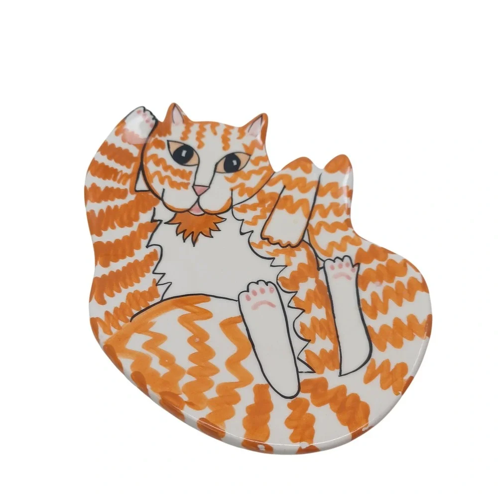 Cats by Nina Lyman Orange Tabby Ceramic Trinket Dish Figural Cat Plate 6 Inch